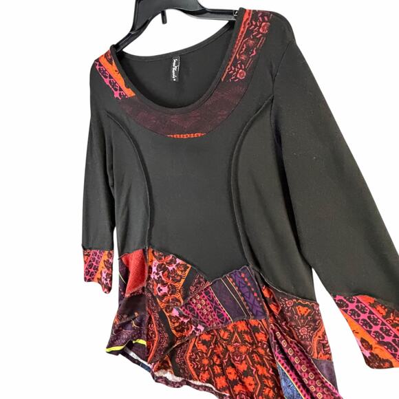 Sacred Threads Tunic Top M Black Orange Patchwork Festival Art To Wear Lagenlook - Picture 3 of 16